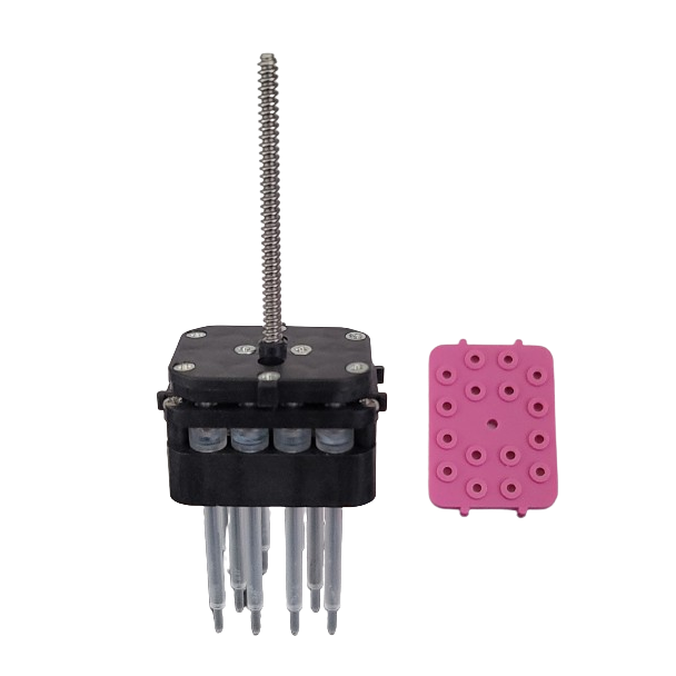 A black and silver Thermo Scientific E1 ClipTip Cylinder Block Multichannel Pipette Head, 12 channels, 30μL, is shown next to a pink silicone seal on a white background.
