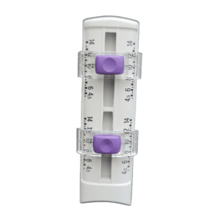 A close-up of the E1 ClipTip Equalizer Scale Assembly 1 (4.5-14.2), Violet, 8 Channel, 384 Format, 30μL by Thermo Scientific shows black centimeter markings and two purple sliders—engineered for precise calibration in laboratory applications.