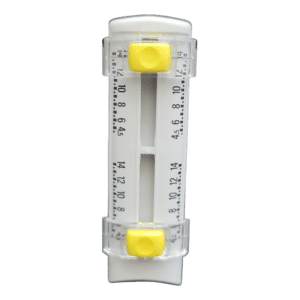 A close-up of the Thermo Scientific E1 ClipTip Equalizer, Scale Assembly 1 (4.5-14.2), Yellow, 8 Channel, 384 Format, 125μL—featuring a precise white body with black markings and yellow sliders for accurate lab measurements.