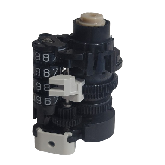 The Research 3 neo Counter Assembly, Single Channel, Dark Gray, 2.5μL (Eppendorf) is shown with rotating numbered dials and interlocking black and white gears on a plain white background.