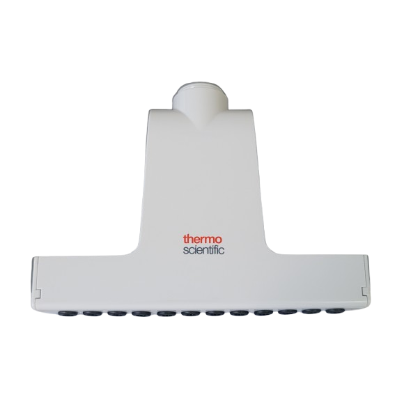 TS 2216450 A white Thermo Scientific laboratory vacuum manifold with central port and multiple outlets is shown next to an upgraded Finnpipette F1 ClipTip Tip Ejector, 12 Channel, 1-10μL Micro (Thermo Scientific) against a plain white background.