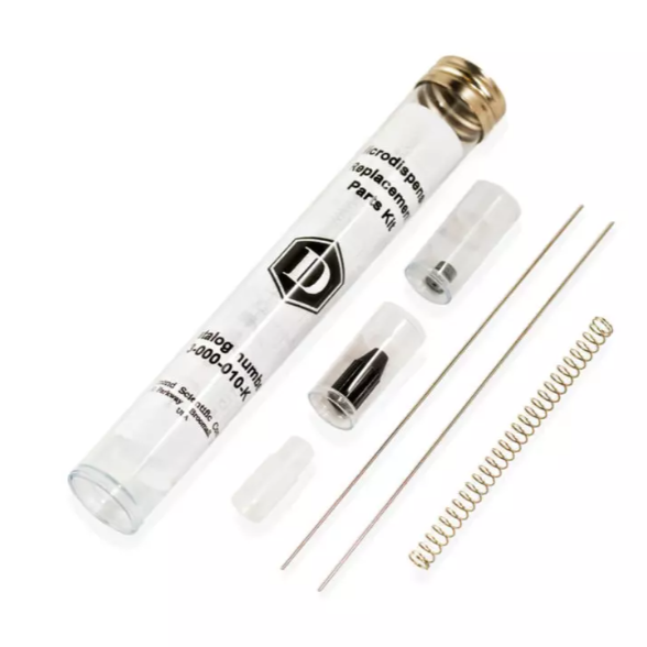 Clear tube with Drummond label, containing Drummond Digital & Dialamatic Microdispensers Replacement Parts Kit 210/510, 10μL (Drummond), includes springs, rods, and cylindrical components; displayed on a white background.