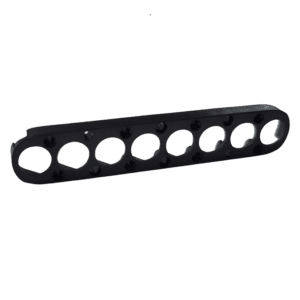 A black metal eLINE / Picus / Picus NxT Tip Cone Support Plate, 8 Channel, 1200μL (Sartorius), with evenly spaced holes, is shown on a plain white background.