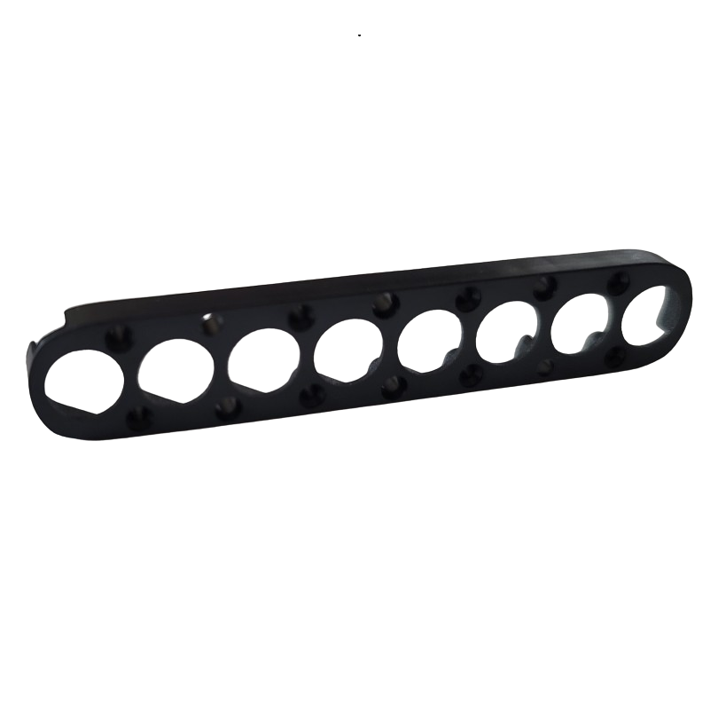 A black metal eLINE / Picus / Picus NxT Tip Cone Support Plate, 8 Channel, 1200μL (Sartorius), with evenly spaced holes, is shown on a plain white background.