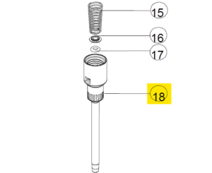 Exploded diagram showing four labeled parts—spring (15), washer (16), Acura Barrel, 25-50μL (Socorex) (17), and a cylindrical component (18) with the number 18 highlighted in yellow.