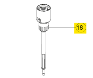 Line drawing of an Acura Barrel, Including PTFE Sleeve, 10Y Model (Socorex), labeled with number 18 in a yellow circle; shows threaded and grooved sections.
