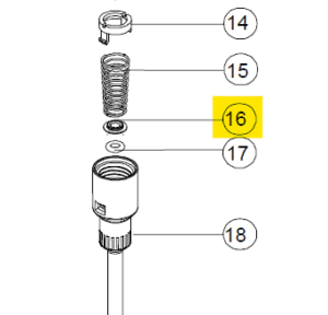 Exploded diagram of a mechanical assembly with parts numbered 14–18; part 16, the Acura PTFE Sleeve, 25-50μL (Socorex), is highlighted in yellow.
