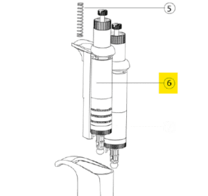 Illustration of two Acura 825 Counter Assembly, 2μL (Socorex) pipettes on a stand, with parts labeled 5 and 6; part 6 is highlighted in yellow.