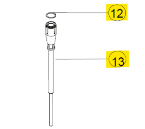 Line drawing of a vertical Socorex Acura Plunger with circlip (250-1000μL), featuring a small ring above the plunger, labeled as 12 (circlip) and 13 (Acura Plunger) in yellow boxes.