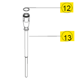 Line drawing of a vertical Socorex Acura Plunger with circlip (250-1000μL), featuring a small ring above the plunger, labeled as 12 (circlip) and 13 (Acura Plunger) in yellow boxes.