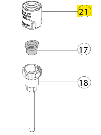 Three labeled mechanical parts: item 21 (Acura 826 XS Barrel Head, 200μL, Socorex), item 17 (small insert), and item 18 (long rod with top fitting), shown in a line diagram.