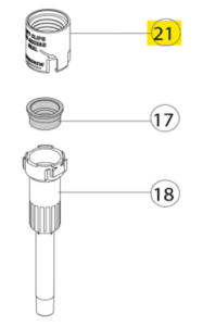 Three labeled mechanical parts (21, 17, and 18 from top to bottom) are shown vertically. Part 21, an Acura 826 XS Barrel Head, 1000μL (Socorex), is highlighted with a yellow circle.