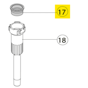 Line drawing of two mechanical parts labeled 17 and 18; part 17 is a small cap, while part 18 is a longer cylindrical Acura 826 XS Lip Seal, 1000μL (Socorex) with a ridged grip.