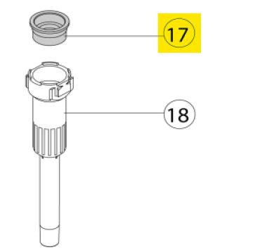 Line drawing of two mechanical parts labeled 17 and 18; part 17 is a small cap, while part 18 is a longer cylindrical Acura 826 XS Lip Seal, 1000μL (Socorex) with a ridged grip.