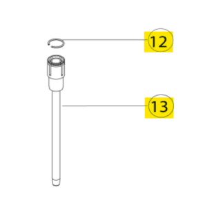 Line drawing of two mechanical parts: a circular ring labeled 12 and a cylindrical rod assembly labeled 13, representing the Acura 826 XS Plunger, Including Circlip, 200μL (Socorex), both with callout lines and yellow numbered boxes.
