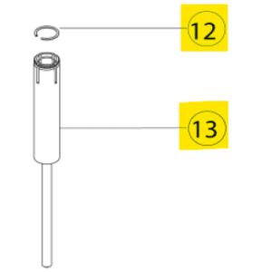 Line drawing of two mechanical parts: a small circlip and an Acura 826 XS Plunger cylindrical rod, both labeled (circlip as 12, plunger as 13) and highlighted in yellow. Product: Acura 826 XS Plunger, Including Circlip, 1000μL (Socorex).
