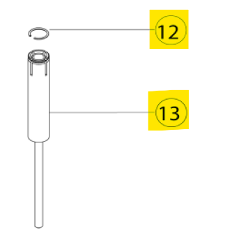 Line drawing of two mechanical parts: a small circlip and an Acura 826 XS Plunger cylindrical rod, both labeled (circlip as 12, plunger as 13) and highlighted in yellow. Product: Acura 826 XS Plunger, Including Circlip, 1000μL (Socorex).