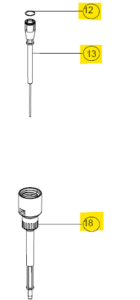 Diagram showing three labeled parts in the Acura 826 XS Barrel Assembly, 2μL (Socorex): part 12 is a ring, part 13 is a long rod with a connector, and part 18 is a cylindrical component attached to a rod.