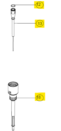 Diagram showing three labeled parts in the Acura 826 XS Barrel Assembly, 2μL (Socorex): part 12 is a ring, part 13 is a long rod with a connector, and part 18 is a cylindrical component attached to a rod.