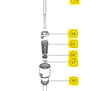 Exploded diagram showing parts 12–18 of the Acura 826 XS Barrel Assembly, 50μL (Socorex), with washers, a spring, and cylindrical components labeled by highlighted numbers.