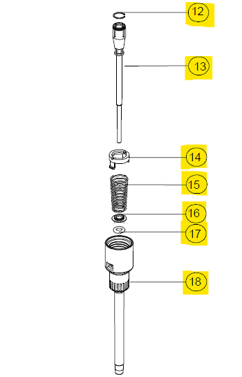 Exploded diagram showing parts 12–18 of the Acura 826 XS Barrel Assembly, 50μL (Socorex), with washers, a spring, and cylindrical components labeled by highlighted numbers.