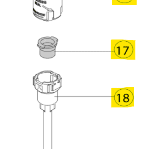 Three labeled mechanical parts from the Acura 826 XS Barrel Assembly, 200μL (Socorex): part 21 is a cylindrical component, part 17 is a small ring or bushing, and part 18 is an elongated piece with a wider top.