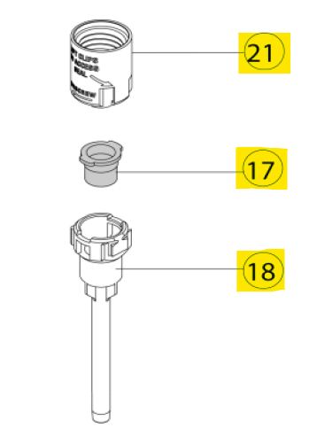 Three labeled mechanical parts from the Acura 826 XS Barrel Assembly, 200μL (Socorex): part 21 is a cylindrical component, part 17 is a small ring or bushing, and part 18 is an elongated piece with a wider top.
