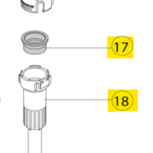 Three labeled parts from the Acura 826 XS Barrel Assembly, 1000μL (Socorex): part 21 is a threaded cap, part 17 a round gasket, and part 18 a cylindrical connector.