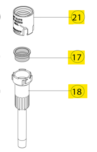 Three labeled parts from the Acura 826 XS Barrel Assembly, 1000μL (Socorex): part 21 is a threaded cap, part 17 a round gasket, and part 18 a cylindrical connector.