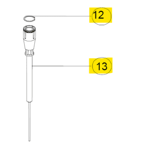 Line drawing of an Acura 826 XS Plunger pipette, 2μL (Socorex): part 12 is the included circlip, and part 13 is the main plunger body.