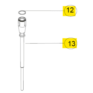 Line drawing of two labeled parts: part 12 is a small circlip, and part 13 is the long cylindrical Acura 826 XS Plunger, 50μL (Socorex), with a connector at the top.