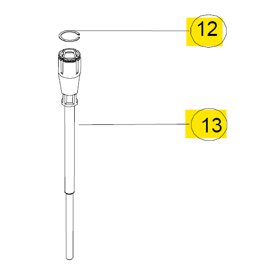 Line drawing of two labeled parts: part 12 is a small circlip, and part 13 is the long cylindrical Acura 826 XS Plunger, 50μL (Socorex), with a connector at the top.