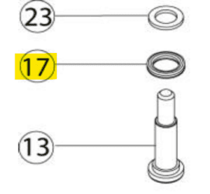 Diagram showing three numbered mechanical parts: 23 is an Acura 835 / 835F X-Ring, 2mL (Socorex), 17 is a yellow-highlighted washer or seal, and 13 is a cylindrical part with a base.