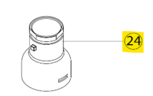 Technical line drawing of an Acura 835 / 835F Ejector Cap, 10mL (Socorex), a cylindrical mechanical part marked with the number 24 in a highlighted yellow circle.