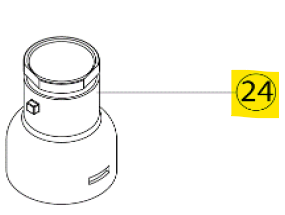 Technical line drawing of an Acura 835 / 835F Ejector Cap, 10mL (Socorex), a cylindrical mechanical part marked with the number 24 in a highlighted yellow circle.
