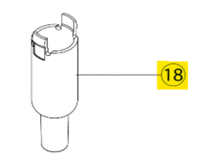 Line drawing of an Acura 835 / 835F Barrel, 2.5-5mL (Socorex) cylindrical mechanical part, labeled with the number 18 in a yellow box.