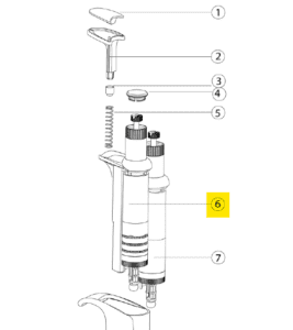 Exploded diagram of a pipette with numbered parts, featuring the Acura 835 / 835F Counter Assembly, 2mL (Socorex); part 6 is highlighted in yellow.