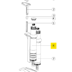 Exploded diagram of a pipette with numbered parts, featuring the Acura 835 / 835F Counter Assembly, 2mL (Socorex); part 6 is highlighted in yellow.