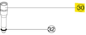 A labeled diagram shows the Acura 855 Barrel, Including Tightness Part, 10μL (Socorex) as a cylindrical part marked 30, with an O-ring (part 32) on its lower section.