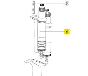 Line drawing of two adjustable pipettes side by side; parts 5 and 6, including the Acura 855 Counter Assembly, 8 Channel, 10μL (Socorex), are highlighted with circles and a yellow box, respectively.
