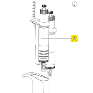 Line drawing of two adjustable pipettes side by side; parts 5 and 6, including the Acura 855 Counter Assembly, 8 Channel, 10μL (Socorex), are highlighted with circles and a yellow box, respectively.