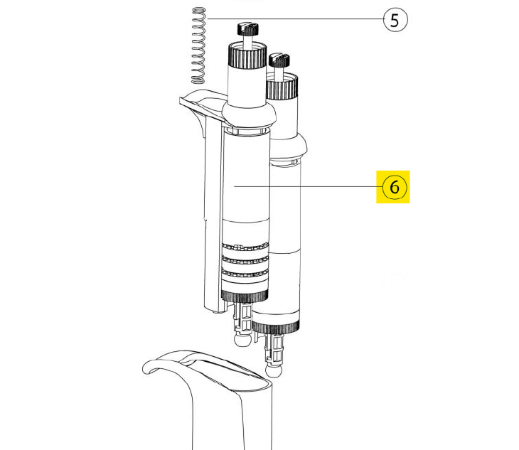 Line drawing of two adjustable pipettes side by side; parts 5 and 6, including the Acura 855 Counter Assembly, 8 Channel, 10μL (Socorex), are highlighted with circles and a yellow box, respectively.