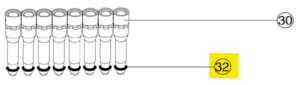 Line drawing of seven cylindrical components, each with a black Acura 855 Barrel O-Ring (200μL, 10 pack, Socorex) near the base, labeled 30 and 32; number 32 is highlighted in yellow.