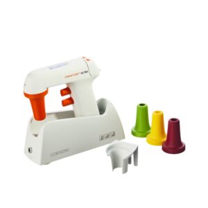 A Corning Stripettor Ultra Pipet Controller with Charging Stand (Corning Life Sciences) is displayed alongside four colorful cone-shaped adapters and a white accessory.
