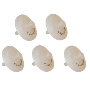 Five white hydrophobic PTFE filters (0.2 µm, 5 pieces) compatible with Corning Stripettor Pro & Ultra Pipet Controllers from Labnet, shown on a white background for reliable filtration performance.