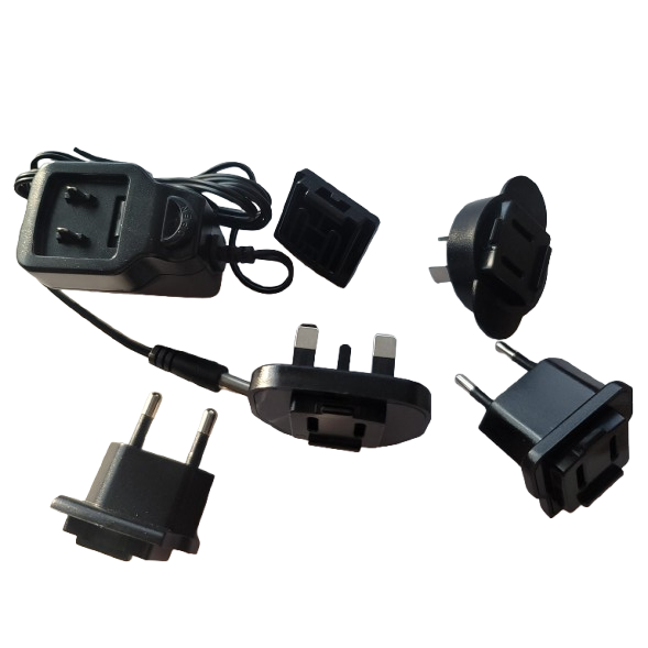 The Corning Stripettor Pro & Ultra Pipet Controllers Universal Power Supply, 9V with Adapters (Labnet), is shown on a white background with interchangeable international plug attachments for different socket types.