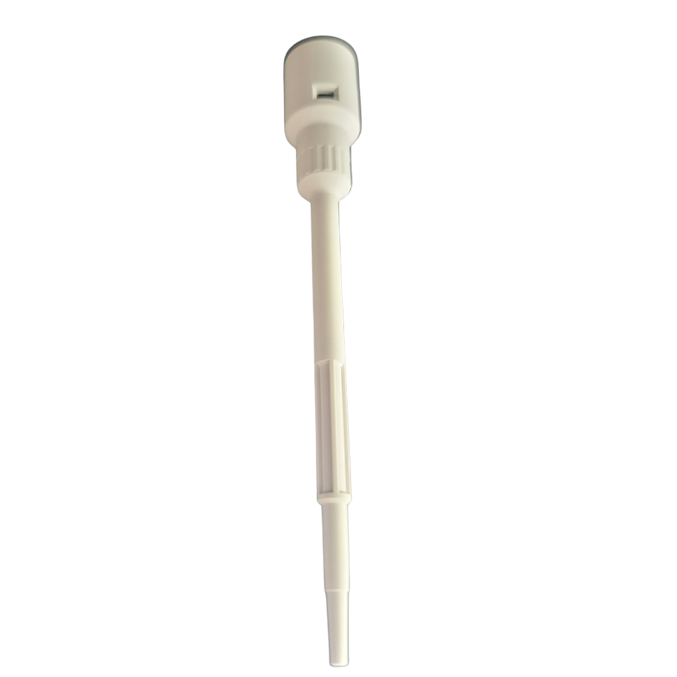 The Acura Barrel, Including PTFE Sleeve, 10Y Model (Socorex), is displayed vertically against a plain background with a white plastic dispensing pump and long dip tube.