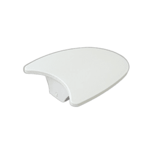 White, curved, wall-mounted folding shower seat with a simple, modern design—crafted with precision inspired by Socorex's Acura Ejector Pad—displayed against a plain background.