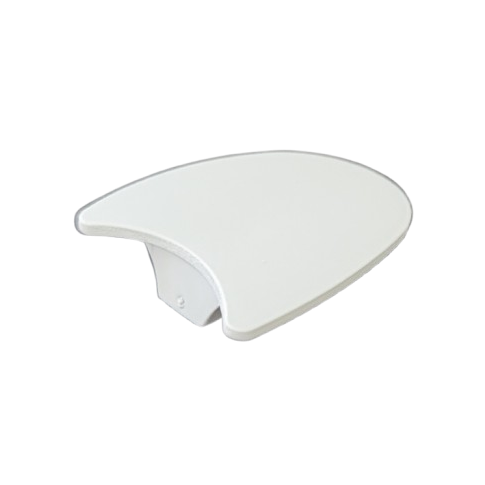 White, curved, wall-mounted folding shower seat with a simple, modern design—crafted with precision inspired by Socorex's Acura Ejector Pad—displayed against a plain background.