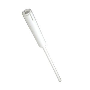 A white disposable plastic pipette, resembling a Socorex Acura Plunger with circlip (250-1000μL), featuring a long thin stem and cylindrical top, isolated on a plain background.